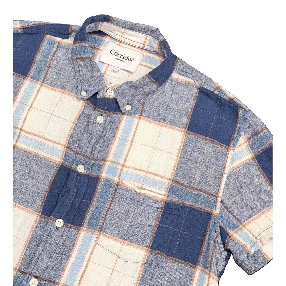 Corridor White Blue Plaid Linen Cotton Short Sleeve Button Front Pocket Sz Large